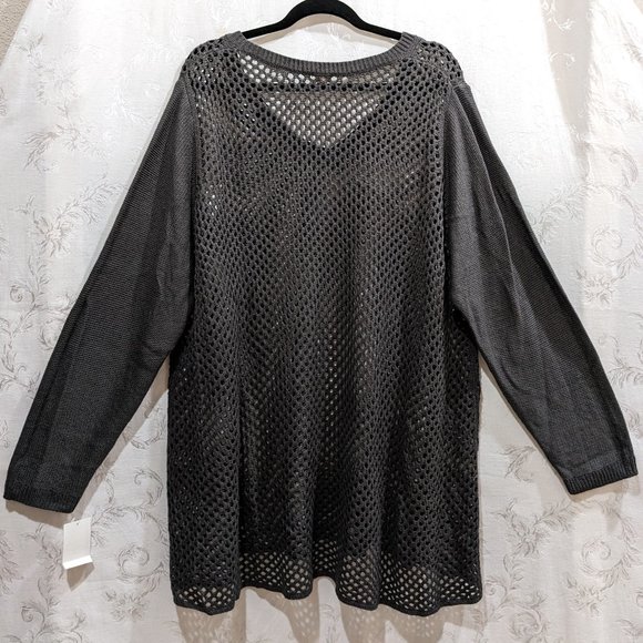 Fishnet Knit V-Neck Sweater Tunic 3X Charcoal Gray Gothic Punk Cozy Layering - Picture 2 of 4